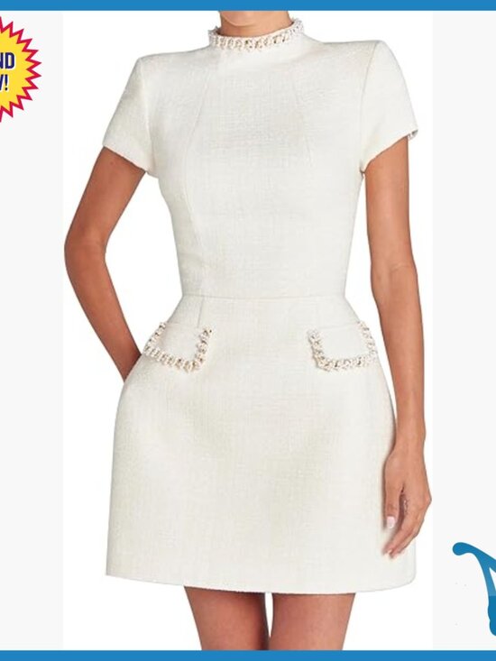 Dresses & Skirts - Short Sleeve High Neck Tweed Mini Dress with Pearls Bodycon Party Wear